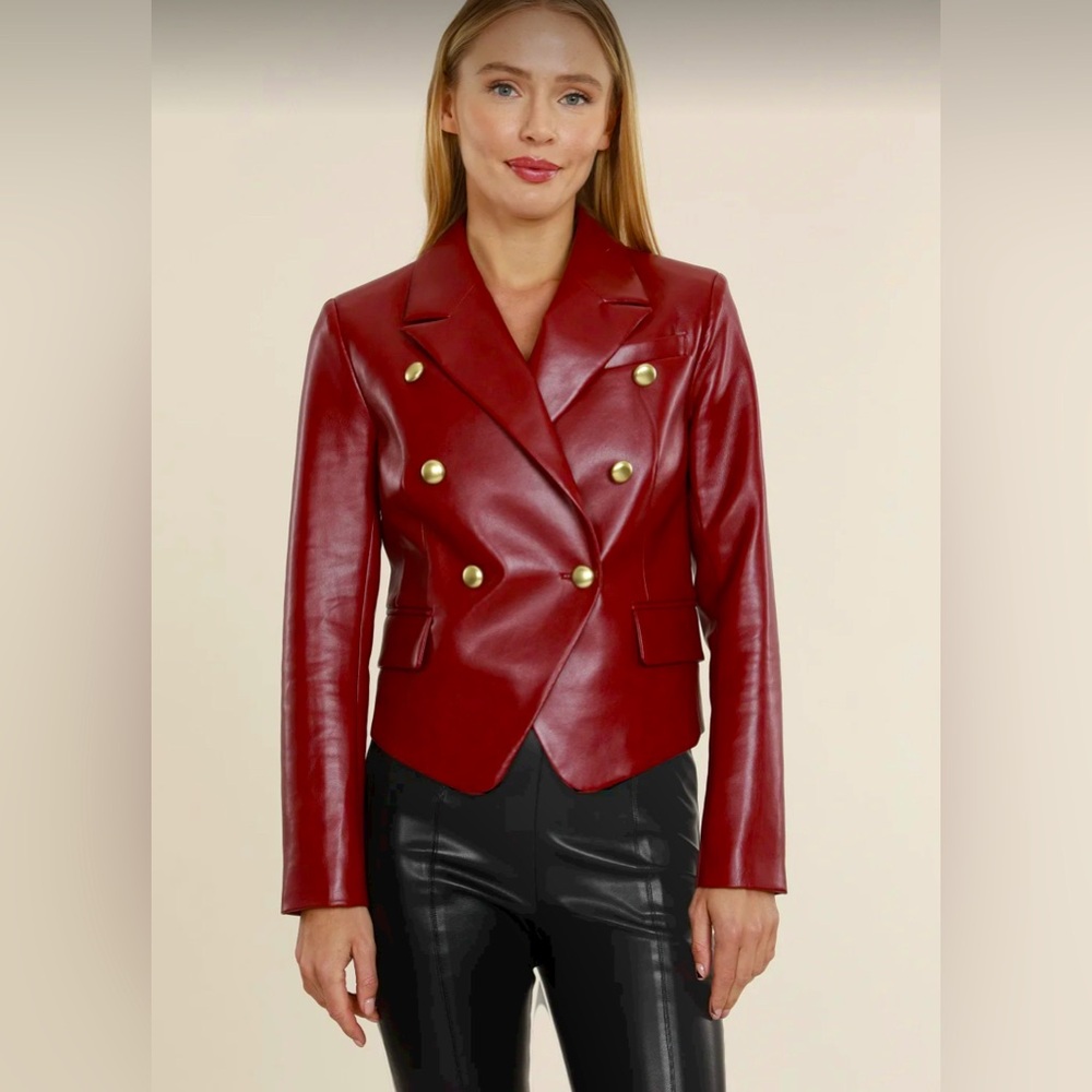 Cropped Leather Jacket - Double Breasted Blazer in Wine NWOT L/XL Faux Leather